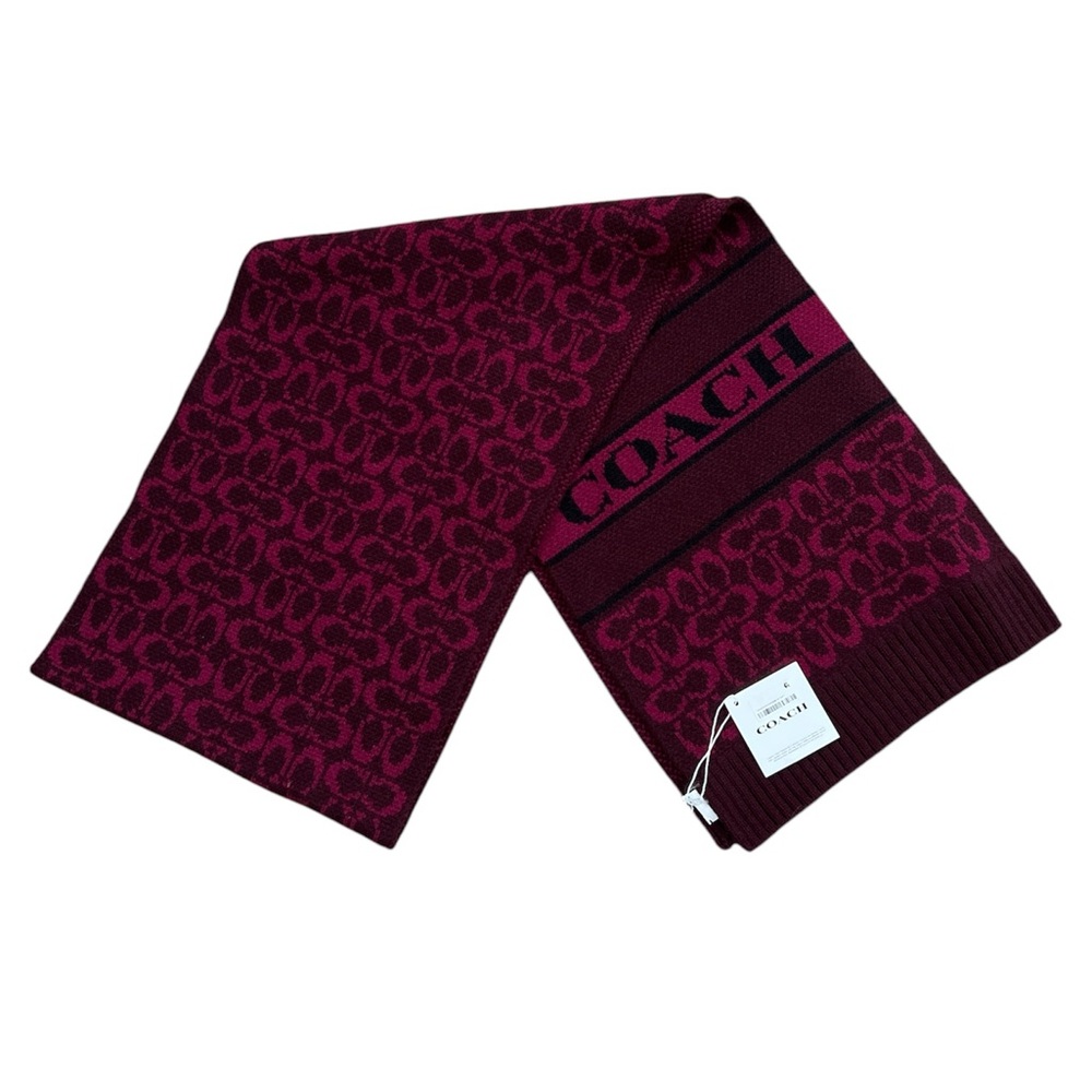 Coach Deep Berry Reversible Wool Blend Signature Coach‎ Logo Knit Scarf NEW